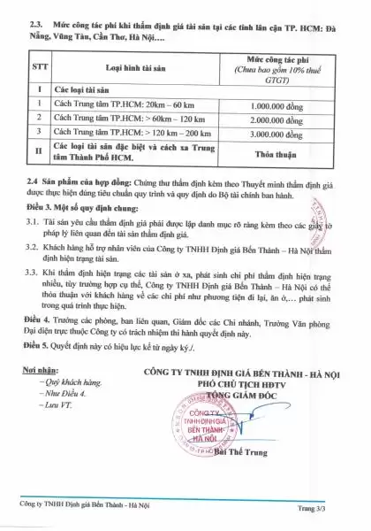 Biểu phí thẩm định của Công ty TNHH Định giá Bến Thành – Hà Nội